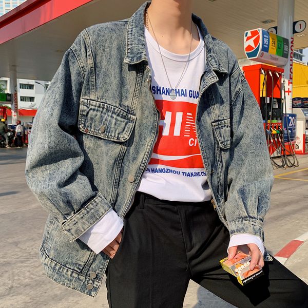 

spring new denim jacket men fashion retro casual denim jacket man streetwear trend wild hip hop loose bomber male clothes, Black;brown
