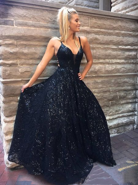 2019 Abiti da ballo con paillettes scintillanti caldi Abiti da laurea neri senza schienale sexy Scollo a V Abito da ballo Abiti da spettacolo Abiti da festa Spaghetti Custom Made