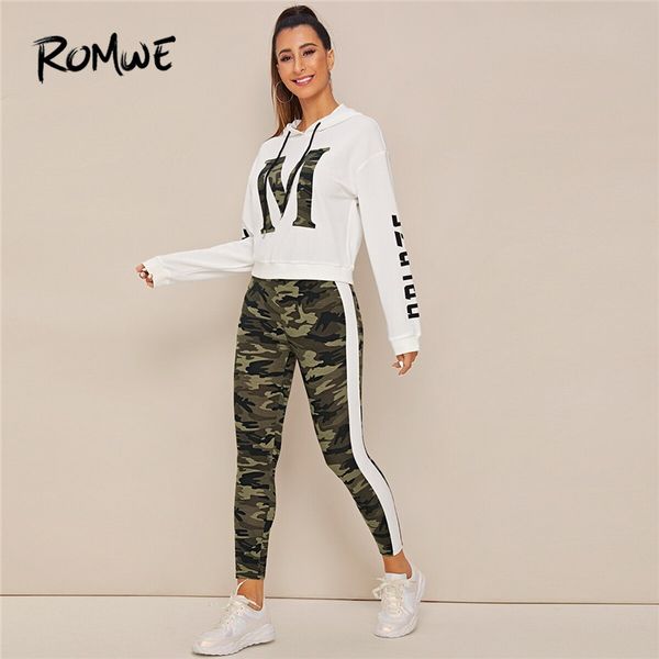 

romwe sporty letter and camo print 2 piece set women tracksuit hoodies and contrast sideseam gym leggings ladies jogging suits, Black;blue
