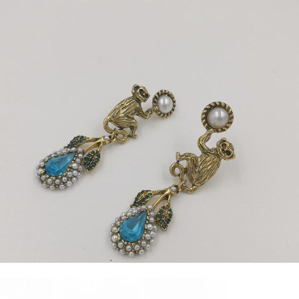 

baroque vintage crystal monkey stud earrings for women fashion jewelry pearl leaf earrings pendant bridal earring bijoux, Golden;silver