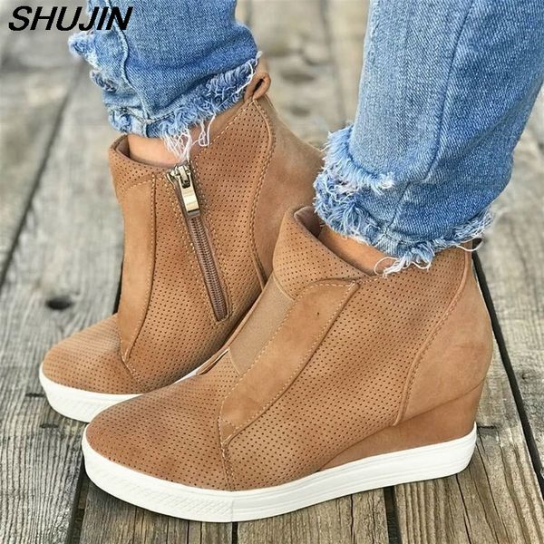 

spring autumn women shoes breathable mesh sneakers flats zipper loafers thick heels platform wedges casual comfort shoes, Black