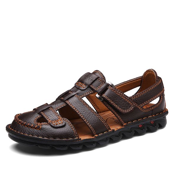 

sandals summer leather beach male fashion mens casual shoes breathable flat slippers comfortable non-slip men, Black