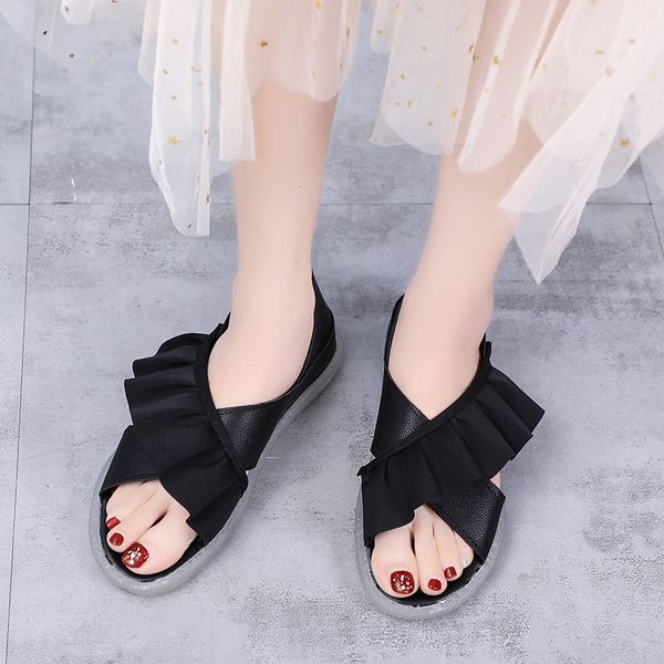 

women sandals 2020 summer soft bottom leather women slippers ladies flat sandals slip on handmade woman, Black