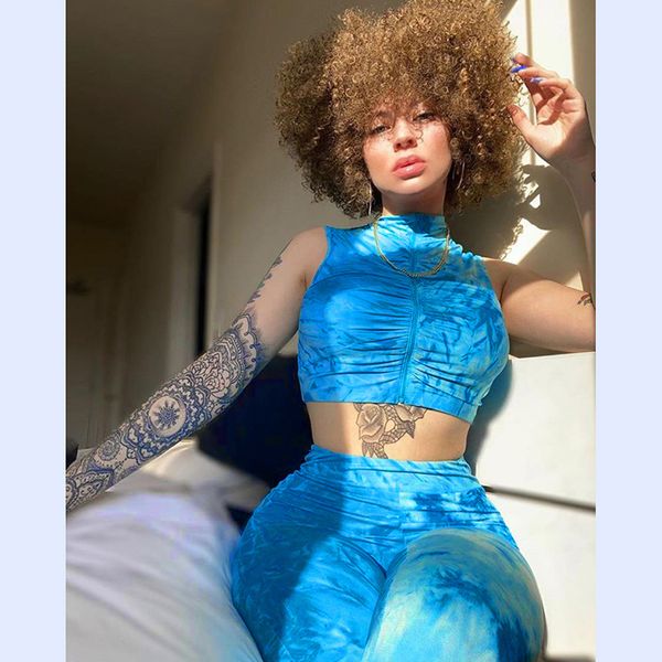 

sleeveless crop elastic leggings two piece set tie dye print zip up workout tracksuits 2020 summer stretchy casual women set, White