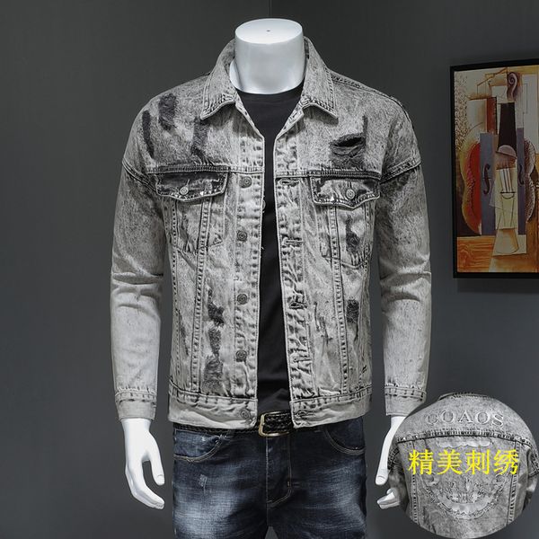 

european and american style brand 2019 new denim clothing men's embroidery korean version of the trend of retro slim spring hole jacket, Black;brown