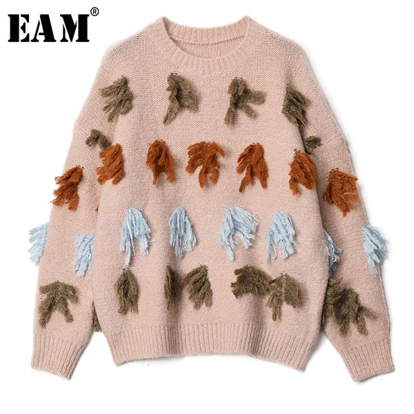 

eam] tassels big size knitting sweater loose fit round neck long sleeve women sweater new fashion tide autumn winter 2019 1h487