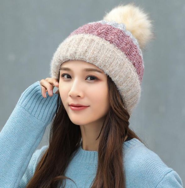 

женщины pompon beanie hat мода зима красочный трикотажный мяч шапка открытый причинно теплый вязание крючком лыжная шапка, Blue;gray