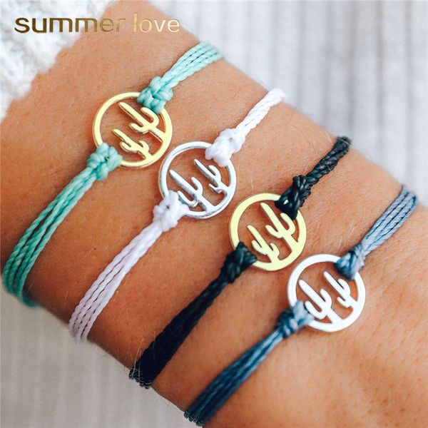 

handmade wax rope bracelets bangles colorful weave rope braided multilayer bracelets for women cactus charm summer beach jewelry, Black