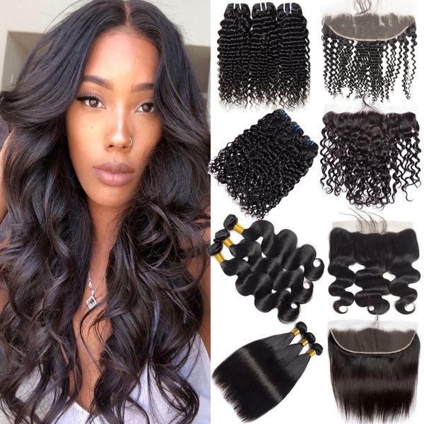 

deep wave brazilian hair weave 3 bundles with closure remy human hair bundles with 13x4 lace frontal closure brazilian peruvian indian hair, Black;brown