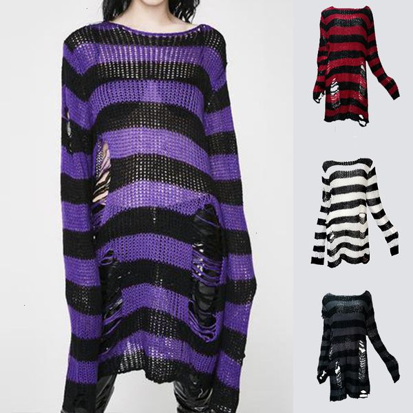 

women designer sweater women sweaters gothic punk striped long character cool hole broken pullover knit sweater 2019 autumn cozy top, White;black