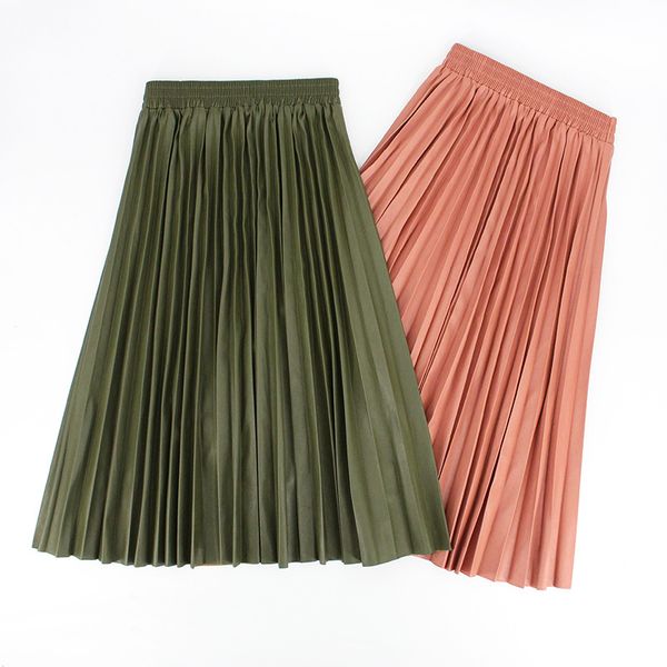 

winter women's skirt pleated leather skirt with high waist elastic waist a line knee length women skirt, Black;gray