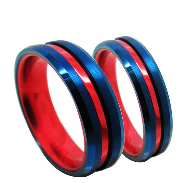 

two parts combination 6mm blue tungsten rings and red color aluminiumm ring for women fashion jewelry rings, Silver