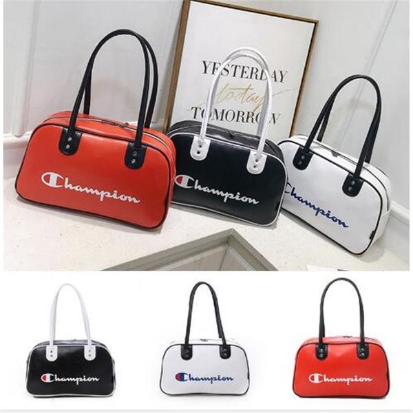 

champion brand duffle shoulder bag pu leather handbag men women casual sports travel large capacity waterproof storage bags tote new gfj609, Black
