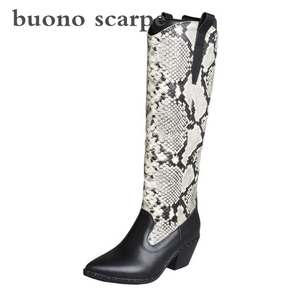 

2019 pointed thick high heel leather snake thick with pointed boots, Black