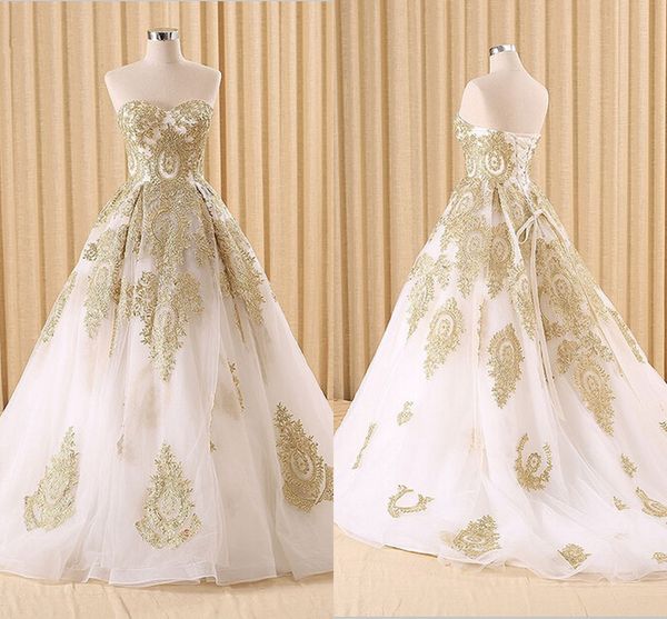 

in stock white gold lace wedding dresses plus size strapless lace-up open back gold applique draped bridal gowns robe de mariee vestido de
