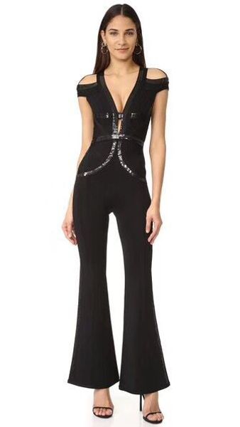 

new hl bandage jumpsuits runway fashion jumpsuits v-neck elegant evening party wear, Black;white