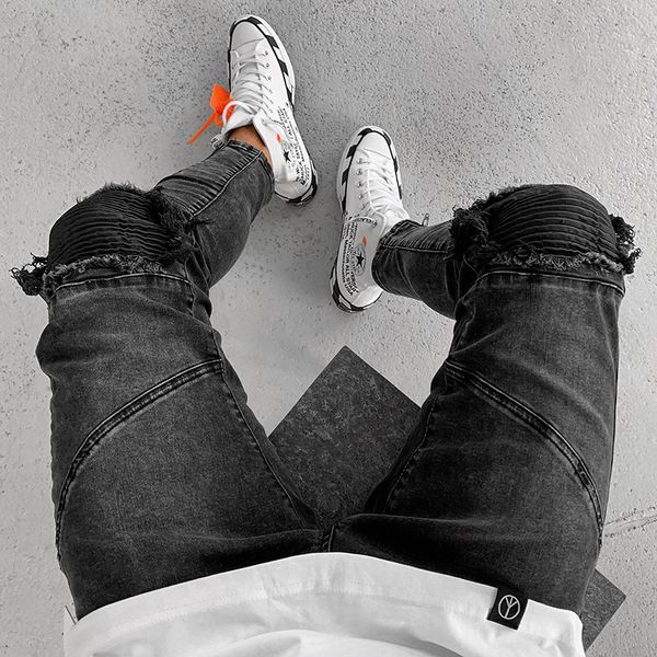 

mens jeans skinny jeans slim stretch for men denim pant casual men hole zipper balck pants mens clothing, Blue