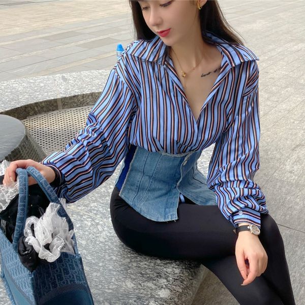 

women's blouses & shirts [ewq] 2021 autumn fashion patchwork denim hit color striped lapel collar long sleeve shirt loose casual blouse, White
