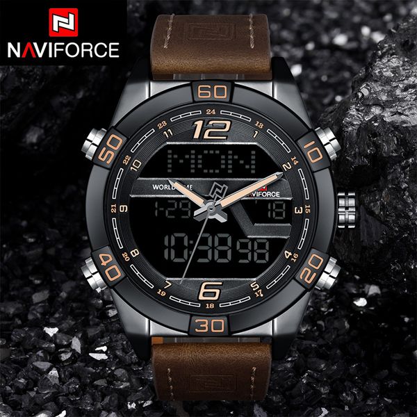 

naviforce brand men sport watches fashion casual waterproof quartz wristwatches analog led dual display 12/24 hour date clock, Slivery;brown