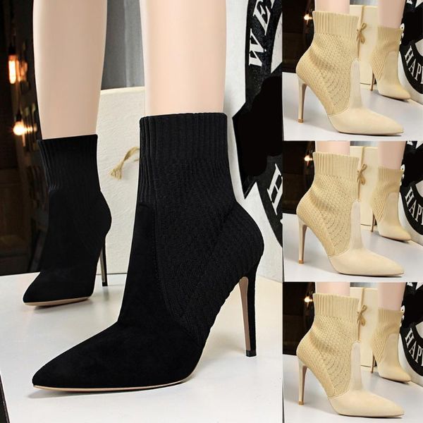 

women stiletto toe pointed ankle bare elastic band booties side zip boots shoes, Black