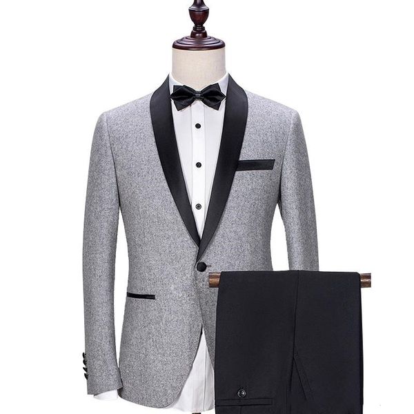 

gray wedding groom tuxedos 2020 black shawl lapel trim fit mens suits custom made business party groomsmen suit (jacket + pants, White;black