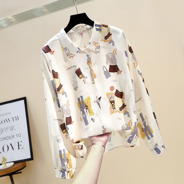 

women shirts 2020 spring new korean version of the vintage western style thin design print long-sleeve shirt ladies blouse shirt, White