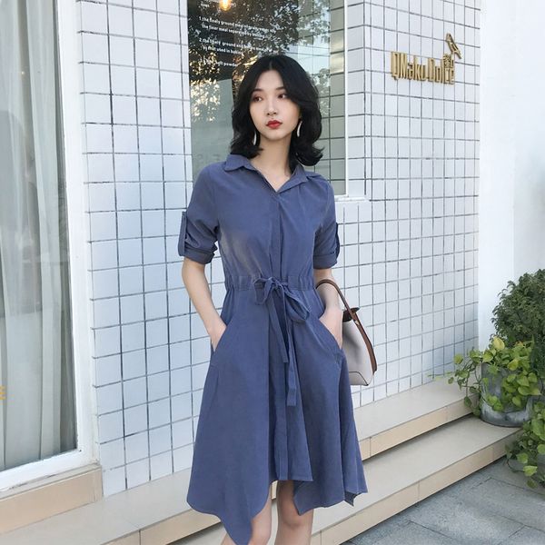 

2019 season chalaza long sleeve shirt dress woman irregular skirt skirt, White;black