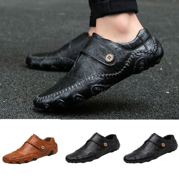 

flats solid color soft leather men's breathable round toe male shoes leisure wild hook&loop man straps shoe sapato masculino, Black