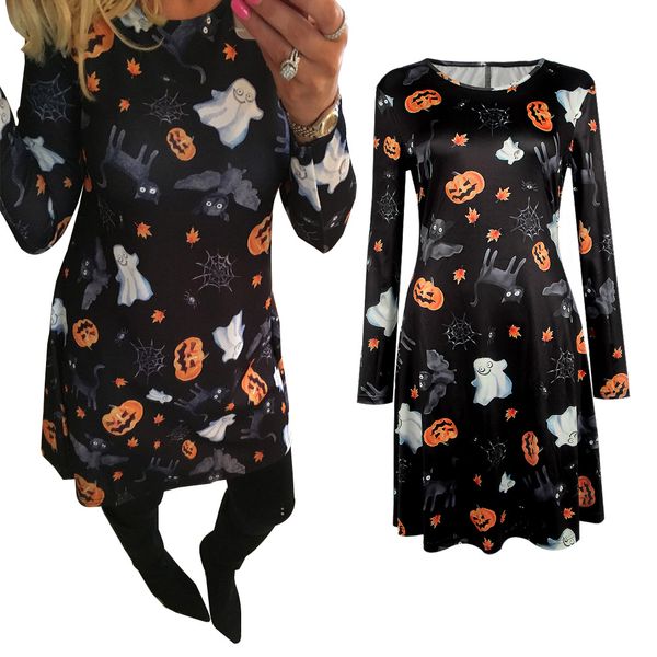 

new winter christmas dress party halloween ghost fashion cartoon printed dress casual long sleeve o neck loose dresses vestidos, Black;gray