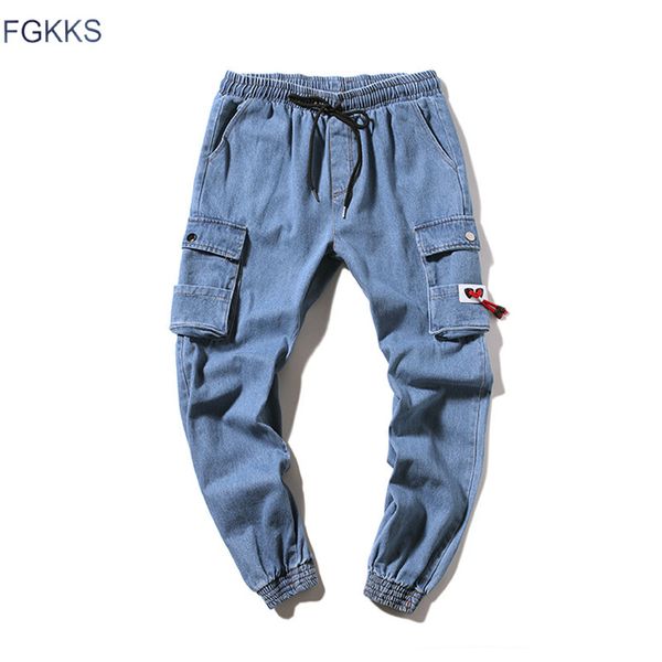 

fgkks men jeans fashion brand street hip hop men's multi-pocket slim fit cargo trousers male casual jeans, Blue