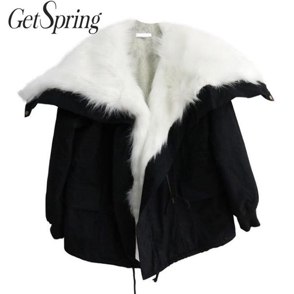 

getspring women parka hair patchwork womens jackets coats winter black white color matching vintage womens winter coat 2019 new
