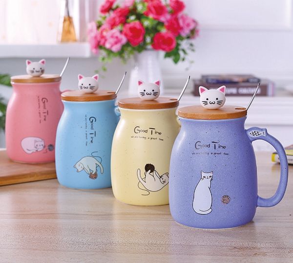 

coffee mugs cat ceramic cups with spoon lid cartoon girls milk mug heat resistant student drinkware wholesale lyw2840