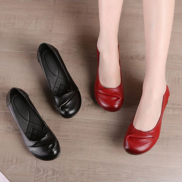 

women high heels shoes quality genuine leather thick heel shoes ladies pumps shallow round toe slip-on women shoes, Black