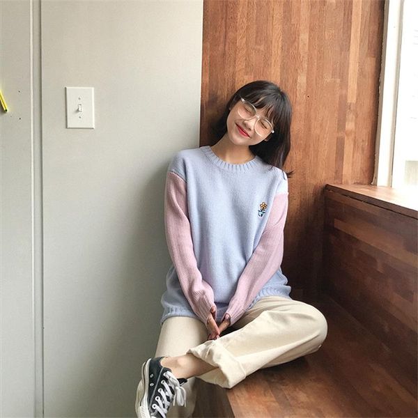 

color matching cute embroidery flower sweater, White;black