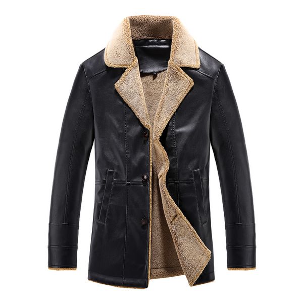 

men's jacket long section plus velvet leather pu/2019 winter thickening plus velvet fashion warm large size leather windbreaker, Black
