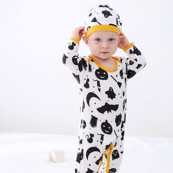 

babys designer crawling suits boys childrens wear halloween pumpkin letter printing dress + hat coverall letter print clothes for nightwear, White