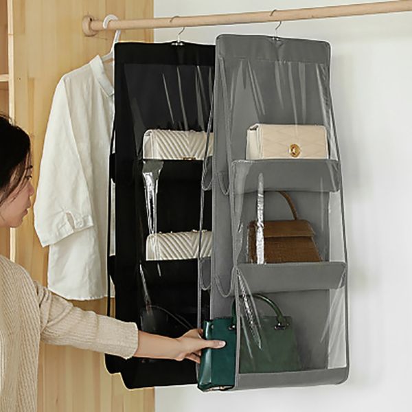

6 pockets large folding hanging clear handbag purse storage holder portable anti-dust hanging organizer hook hanger dropshipping