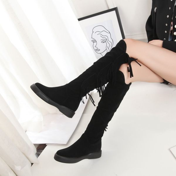 

big size 9 10 11 12 boots women woman winter boots women shoes botas pleated sleeve tassel pendant round head thick bottom, Black