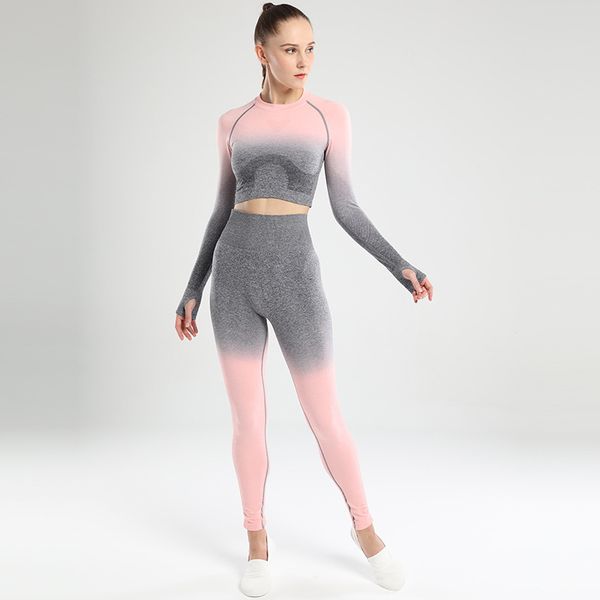

new gradient 2 piece set women sport suit gym workout clothes long sleeve fitness crop and scrunch buleggings yoga set