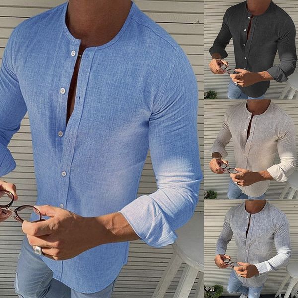 

heflashor men casual round neck solid shirt button closure cotton linen long sleeve shirts loose autumn male tee shirt, White;black