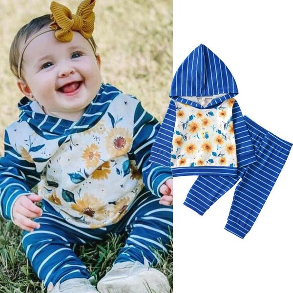 

новорожденный ребенок мальчик девочка одежда с длинным рукавом с капюшоном цветочный принт толстовка пуловер полосатые брюки наряды 0-2y, White