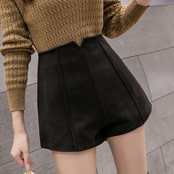 

women woolen shorts elegant wide leg shorts autumn winter female new fashion high waist casual a-line y, White;black