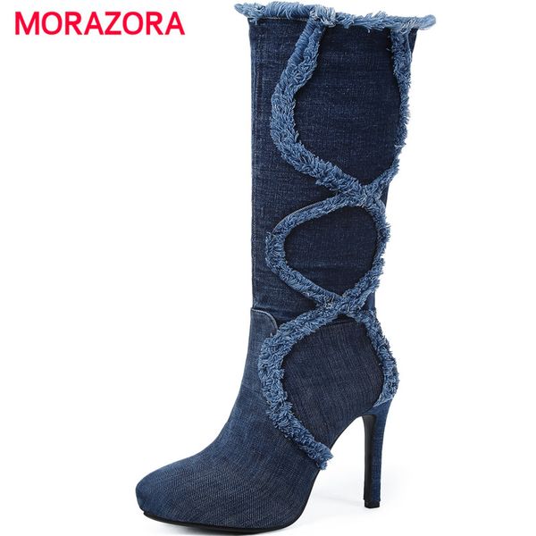 

morazora big size autumn winter platform boots fashion round toe super high heel boots stiletto heel knee high women, Black