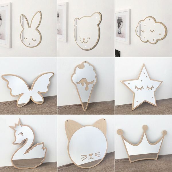 

cute nordic wood cartoon acrylic mirror wall stickers funny camera props kids room wall decor sticker wood edge mirror decals