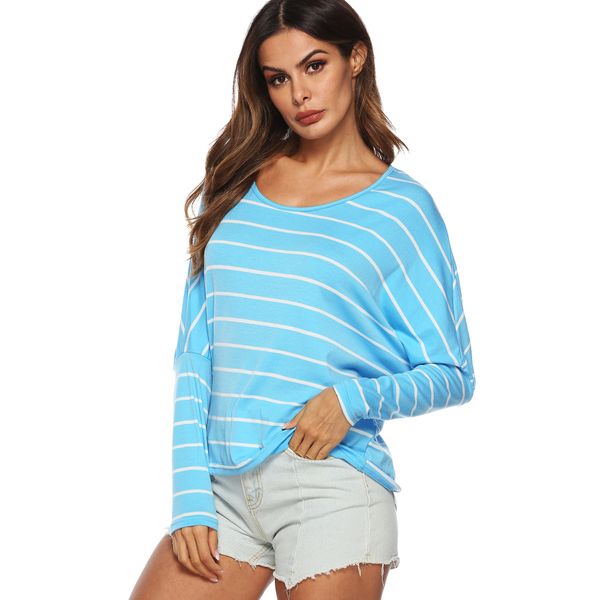 

2019new loose bat sleeve casual t - shirt women's o-neck striped t-shirt blouse gray sky blue s  l xl, White