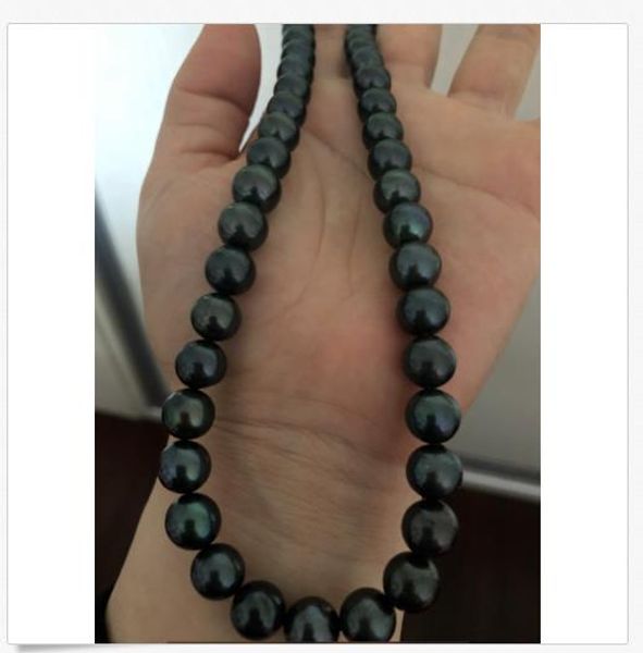 

xxx stunning 10-11mm tahitian black green round pearl necklace 18inch 14k, Silver