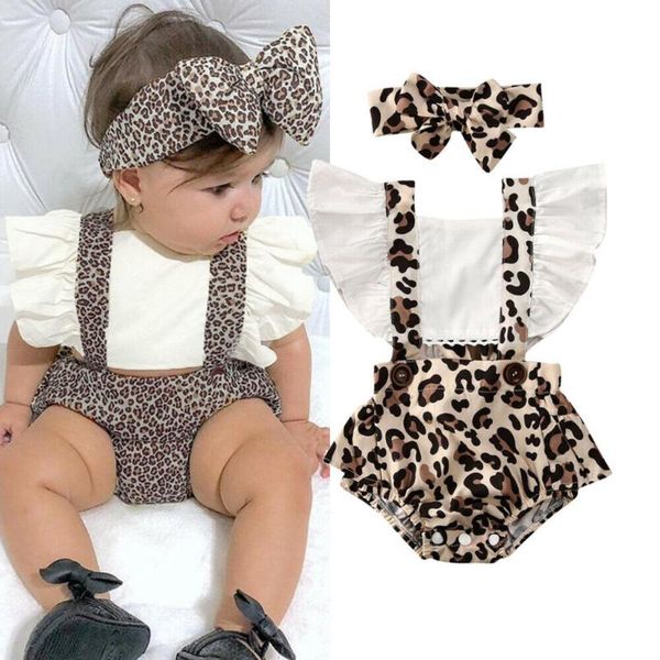 

2020 baby summer clothing leopard print jumpsuit bodysuit headband 2pcs newborn infant baby girl clothes outfits roupa infantil, White