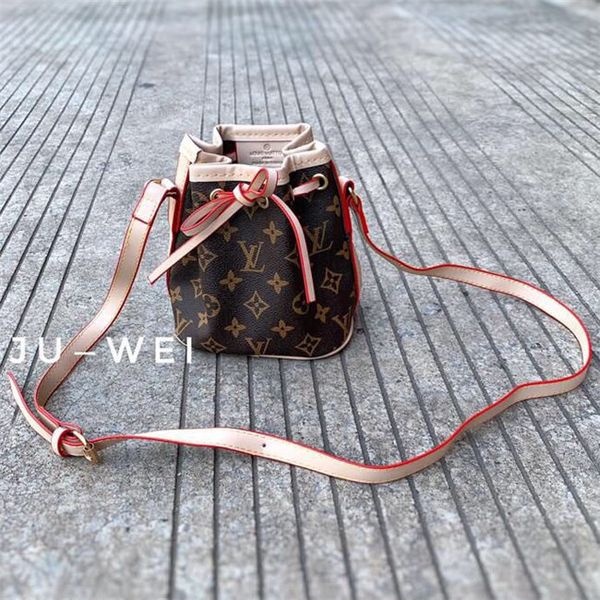 

l women design bucket bag brand quality shoulder bag colorful cowhide leather drawstring and strap accents ladies causal noe tote16*16*10cm