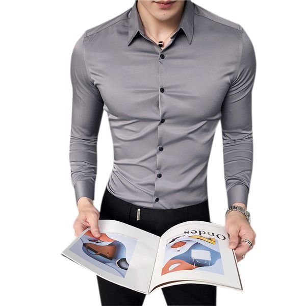 

men shirt silk long sleeve business mens dress shirts solid simple slim fit shirt men formal wear blouse homme 3xl, White;black