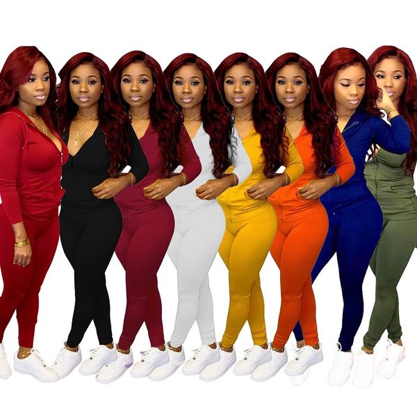 

women fall winter 2 two piece tracksuits solid zipper jacket hoodies leggings pants joggers bodysuit sportswear womens sweat suits clothes, Gray